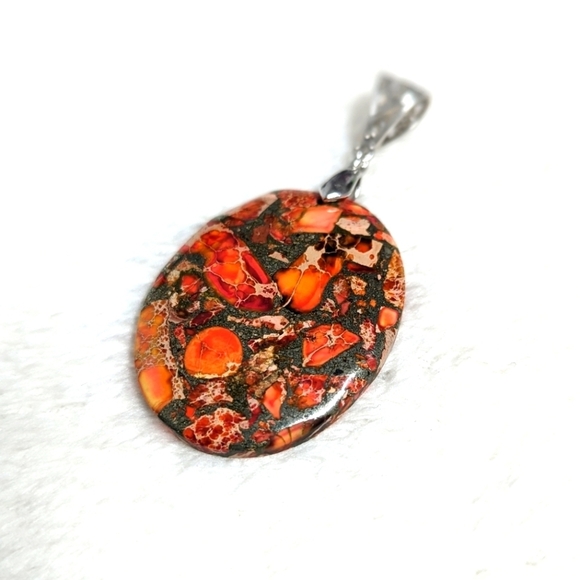 Lovely Large Oval Painted Jasper Necklace/Pendant on Black Adustable Cord - Picture 5 of 10
